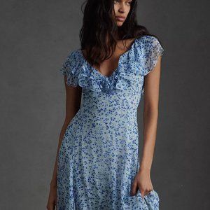 Sachin & Babi Ivy Chiffon Flutter-Sleeve Ruffled V-Neck Gown